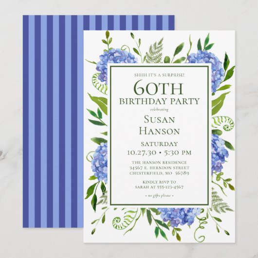 Invitation Fête surprise pour les 60 ans avec des hortensias (Devant / Derrière)