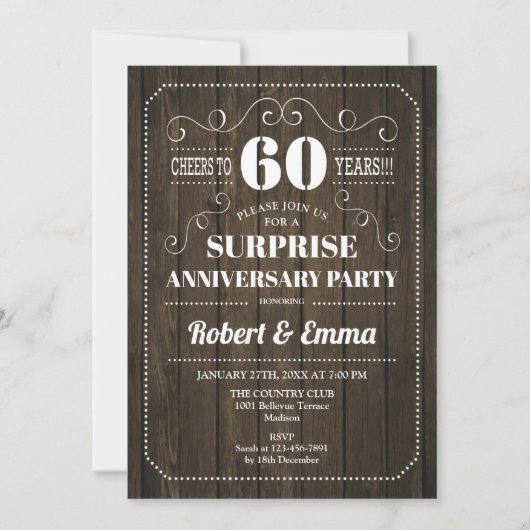 Invitation Fête surprise pour les 60 ans - Bois rustique (Devant)