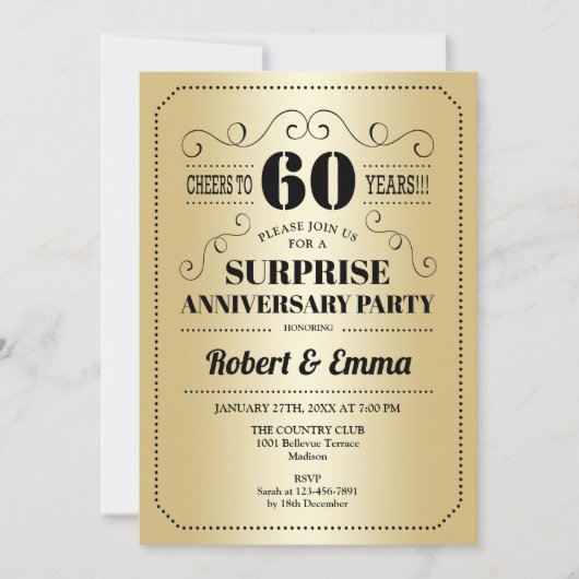 Invitation Fête surprise pour les 60 ans - Or Noir (Devant)