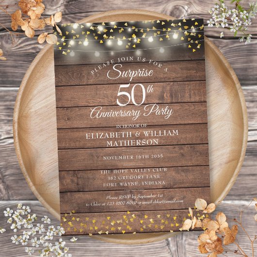 Invitation Fête surprise rustique pour les 50 ans de mariage 