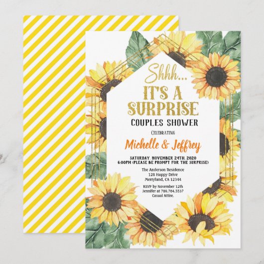 Invitation Fête surprise tournesol pour couples (Devant / Derrière)