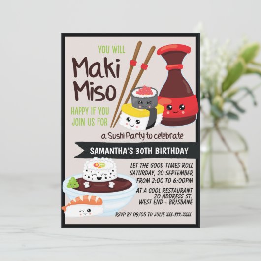 Invitation Fête Sushi Kawaii (Debout devant)