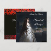 INVITATION FÊTE SWEET16,ROUGE,NOIR ET DAMASSÉ BLANC (Devant / Derrière)