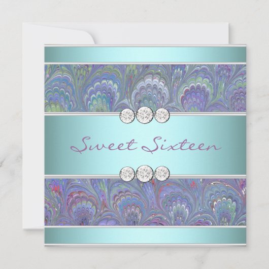 Invitation Fête Sweet 16 au motif paon sarcelle violet (Devant)