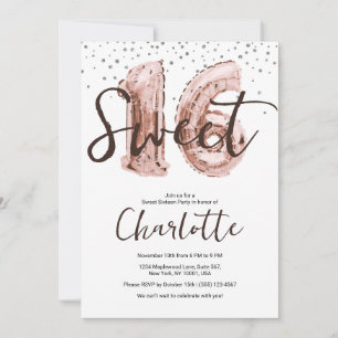 Invitation Fête Sweet 16 Ballon Rose Gold Pailleté Argenté