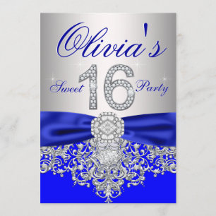 Invitation Fête Sweet 16 Bleu Royal et Argent