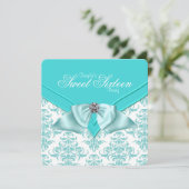 Invitation Fête Sweet 16 Bleu Sarcelle Damassé (Debout devant)