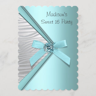 Invitation Fête Sweet 16 Bleu Turquoise Argent Zèbre