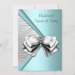 Invitation Fête Sweet 16 Bleu Turquoise Argent Zèbre