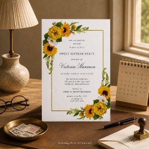 Invitation Fête Sweet 16 Cadre Doré Tournesol