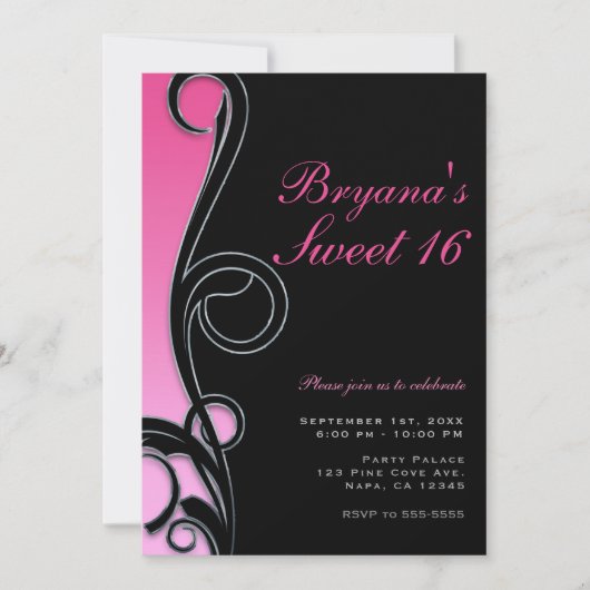 Invitation Fête Sweet 16 Chic Glam Tourbillon Rose et Noir (Devant)