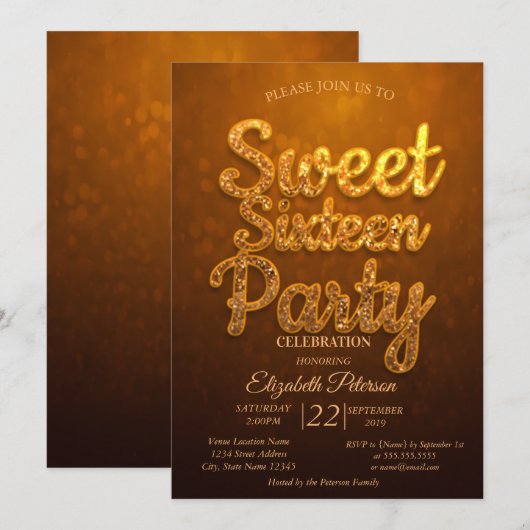 Invitation Fête Sweet 16 Cool et Branchée (Devant / Derrière)