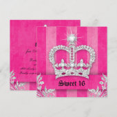 Invitation fête Sweet 16 Couronne rayures roses (Devant / Derrière)