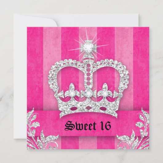 Invitation fête Sweet 16 Couronne rayures roses (Devant)