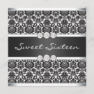 Invitation Fête Sweet 16 Damassé Noir Blanc