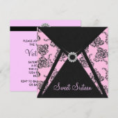Invitation Fête Sweet 16 Damassé Noir Rose (Devant / Derrière)