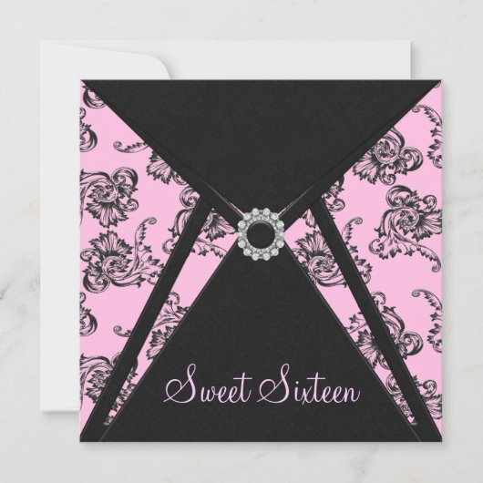 Invitation Fête Sweet 16 Damassé Noir Rose (Devant)