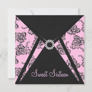 Invitation Fête Sweet 16 Damassé Noir Rose