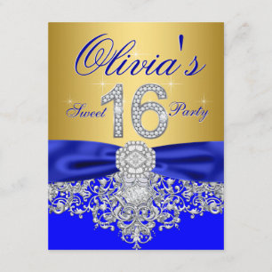 Invitation Fête Sweet 16 Diamant Bleu Royal et Or
