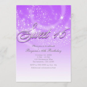 Invitation Fête SWEET 16 Étoiles Violettes et Argentées Paill