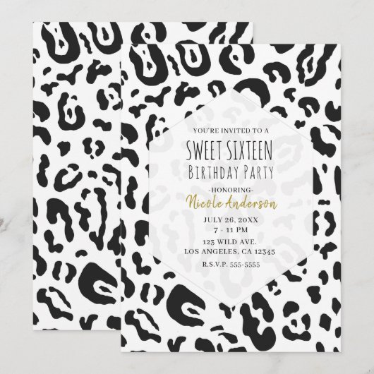 Invitation Fête Sweet 16 Guépard noir et blanc léopard (Devant / Derrière)