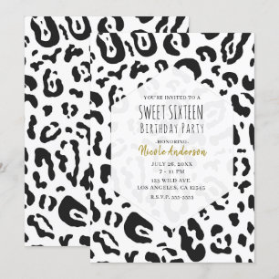 Invitation Fête Sweet 16 Guépard noir et blanc léopard