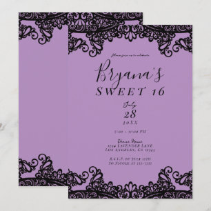 Invitation Fête Sweet 16 Lavande Pourpre et Dentelle Noire