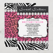 Invitation Fête Sweet 16 Léopard Rose Zèbre (Devant / Derrière)