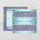 Invitation Fête Sweet 16 motif paon sarcelle violet (Devant / Derrière)