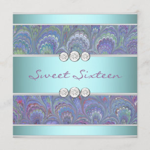 Invitation Fête Sweet 16 motif paon sarcelle violet