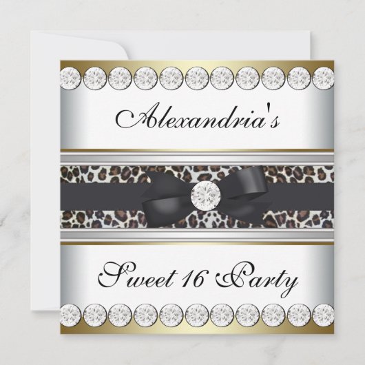 Invitation Fête Sweet 16 Noir Blanc Or Léopard (Devant)