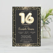 Invitation Fête Sweet 16 Noir Points Dorés (Debout devant)