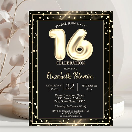 Invitation Fête Sweet 16 Noir Points Dorés