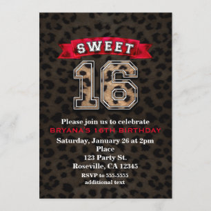 Invitation Fête Sweet 16 Noir & Rouge Imprimé Léopard Sport