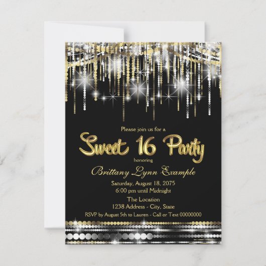Invitation Fête Sweet 16 noire et dorée (Devant)