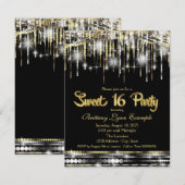Invitation Fête Sweet 16 noire et dorée (Devant / Derrière)