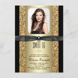 Invitation Fête Sweet 16 pailletée noir et or