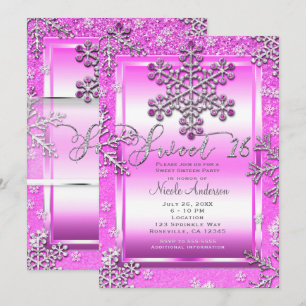 Invitation Fête SWEET 16 Paillettes Rose Chaud Flocons de Nei