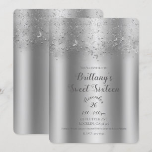 Invitation Fête Sweet 16 Papillon Flutter Shimmer Argenté
