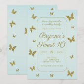 Invitation Fête Sweet 16 Papillon Pailleté Bleu et Or (Devant / Derrière)