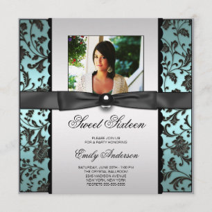Invitation Fête Sweet 16 Photo Bleu Sarcelle Noir Damassé