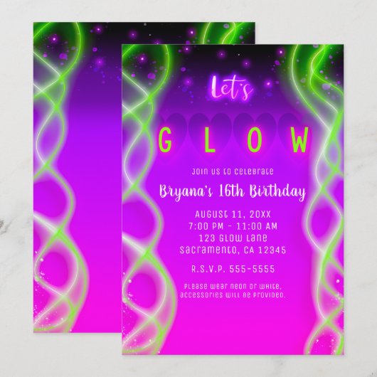 Invitation Fête Sweet 16 Rose Violet Néon Vert Clair (Devant / Derrière)
