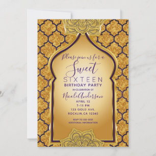 Invitation Fête Sweet 16 Royale Indienne Arabe Violet & Or