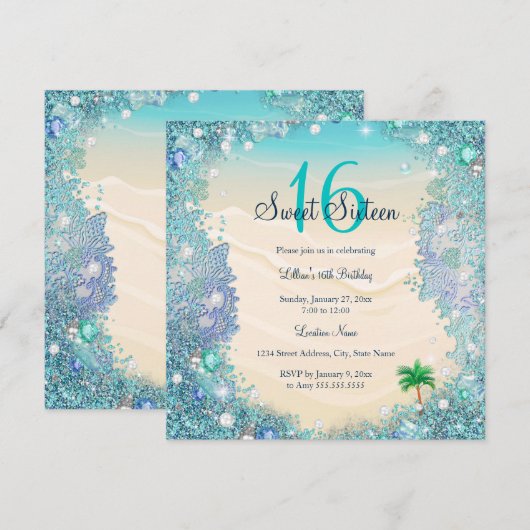 Invitation Fête Sweet 16 Sable de l'Océan Perles d'Eau Bleue (Devant / Derrière)
