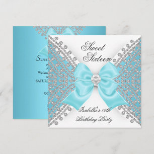 Invitation Fête Sweet 16 Seize Bleu Turquoise Blanc Diamant