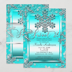 Invitation Fête SWEET 16 Turquoise Paillettes Glam Flocons de