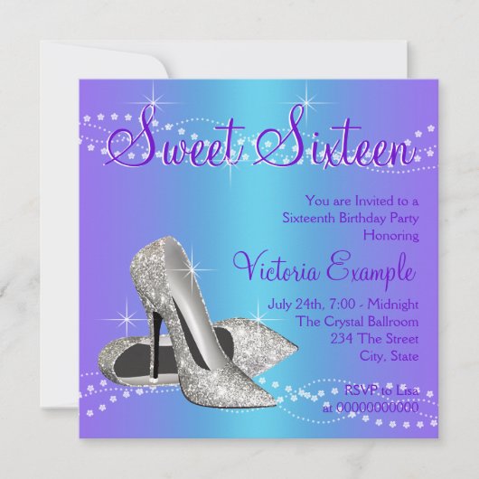 Invitation Fête Sweet 16 Violet et Bleu Sarcelle (Devant)