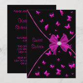 Invitation Fête Sweet sixteen à papillon rose chaud (Devant / Derrière)