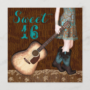 Invitation Fête Sweet Sixteen Cowgirl Style Marron et Bleu sa