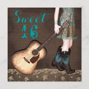 Invitation Fête Sweet Sixteen de Cowgirl Bleu Brun et Sarcell